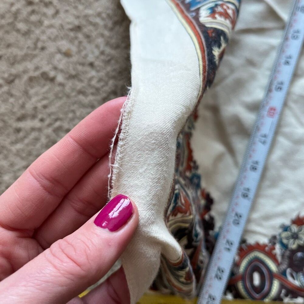 VTG Boho Paisley Border Scarf Cream Brown Blue Ultra Soft 28” - Picture 5 of 8